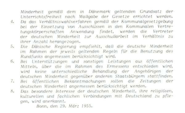 Quelle: "Die Bonn-Kopenhagener Erklärungen von 1955 - Zur Entstehung eines Modells für nationale Minderheiten" Grenzverein, Flensburg, 1985, S. 122 ff.:
