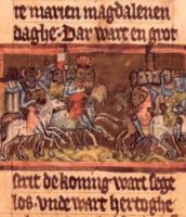 Ausschnitt zur Schlacht bei Bornhöved aus der Berliner Handschrift der Sächsischen Weltchronik. Die Miniatur zeigt von links angreifend unter dem rot-weißen Lübecker Banner Adolf IV. König Waldemar II. (rechts) hat sein Pferd gewendet und gibt offenbar das Zeichen zum Rückzug