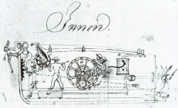  Die Originalpläne für den "Brandtaucher" existieren nicht mehr. Erhalten sind Skizzen von Bauer, die er am 23./24. Januar 1851 seinen Eltern schickte (Ausschnitt der Innenansicht) 