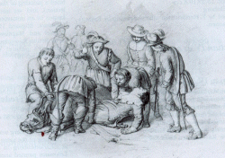  Kriegsepisode: Die Bleistiftzeichnung von Christian Rosenberg stellt einen Sturz Christians 1625 vor dem belagerten Hameln dar 