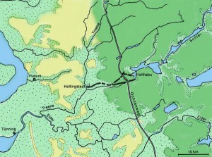  Die Niederungen von Eider und Treene machten das Land für größere Heeresverbände unpassierbar, so daß es reichte, zwischen Hollingstedt und Schlei eine Landenge von 13 Kilometern durch das Danewerk zu sperren, um das dänische Gebiet wirksam zu schützen.