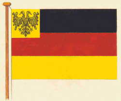 Die "Kriegsflagge" Deutschen Marine von 1848: Schwarz-Rot-Gold mit dem doppelköpfigen Reichsadler auf goldenem (gelben) Grund als "Gösch"