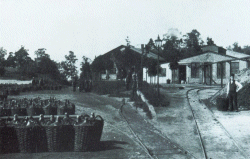 Eines der ältesten Bilder vom Fabrikgelände in Krümmel aus den 1880er  Jahren. Die Korbflaschen dienten zum Transport von Nitroglycerin