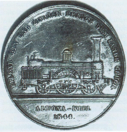 Die Lokomotive "Holstein" auf der Medaille zur Eröffnung der "Christian VIII.-Eisenbahn" 1844 