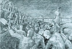 Die Arbeiten am einem Panzergraben des „Friesenwalls“ hat der KZ-Häftling H.P. Sørensen mit dieser Zeichnung festgehalten