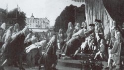 Die Huldigung Königs Friedrich IV. – ein Bild von 1860. Das historische Ereignis von 1721 fand jedoch nicht vor, sondern im Schloß Gottorf statt