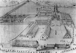 Das ostholsteinische Gut Rantzau im 18. Jahrhundert gibt einen Eindruck von den großen Anlagen: Torhaus, dahinter der weiträumige Hofplatz mit Kuhhaus und Scheune und dahinter das Herrenhaus, inmitten von Gärten und mit eigenem Park
