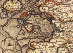 1651 zeichnete der Kartograph Johannes Mejer die Utlande. Der Ausschnitt läßt deutlich erkennen, daß Nordstrand noch nicht wieder bedeicht ist