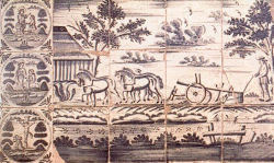 Fliesen-Tableau aus Bordelum: neben ornamentalen und religiösen Motiven hielten die Delfter Manufakturen auch Szenen des bäuerlichen Alltags fest 