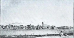 Ansicht Husum von der Hafenseite von Johann Friedrich Fritz zwischen 1827 und 1849. Der auffällige runde Turm auf der linke Bildseite war ein Brennofen für Kalk
