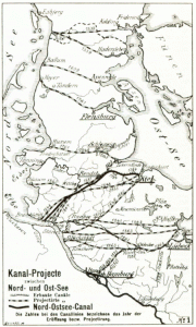 Diese Grafik von 1893 gibt einen Überblick über die Kanalprojekte, die vor allem Nord- und Ostsee verbinden sollten. Durch einen Klick auf die Grafik wird sie vergrößert. 