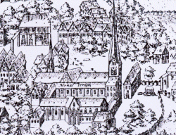 Ausschnitt aus einer Stadtansicht: Kloster und Klosterkirche von Segeberg um 1594