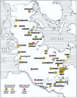 Klöster am Ende des Mittelalters: Vierecke: Männerklöster, Gelbe Punkte: Frauenklöster, rote Punkte: Frauenklöster oder Stifte, die nach 1581 verblieben sind