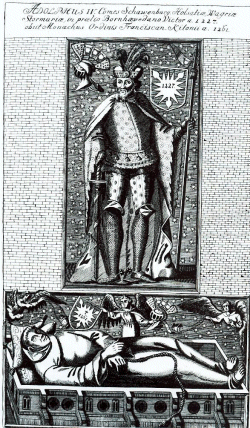 Der Kupferstich aus " Westphalens Monumenta ineddita" zeigt Lebensstationen von Adolf IV.: Der Graf als Sieger von Bornhöved 1227 und seinen Tod als Mönch in Kiel 1261