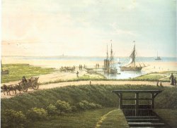 Wöhrden in Dithmarschen mit seinem für die Westküste typischen Sielhafen um 1850 auf einer farbigen Lithographie