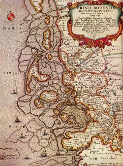Die Utlande um 1651. Diese Karte von Mejer läßt deutlich die Landverluste durch die zweite Mandränke von 1634 erkennen 