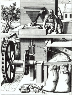 Querschnitt durch eine oberschlächtige Wassermühle aus Böcklers „Schauplatz der mechanischen Künste“ von 1661