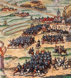 Berittene Söldner eroberten 1559 Dithmarschen. Ausschnitt aus einem Kupferstich über die Eroberung Meldorfs von 1589