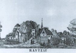 Idylle pur: die Zeichnung von 1852 zeigt das ehemalige Machtzentrum der Reichgrafschaft Rantzau. Die Allee führt auf den (damals allerdings schon umgebauten) Sitz der Reichsgrafen im Barmstedt