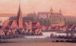 Das zeitgenössische Bild zeigt Schloß Plön um 1844. Während der ehemals rot geschlämmte Bachsteinbau schon weiß ist, liegen auf dem Dach noch die roten Pfannen 