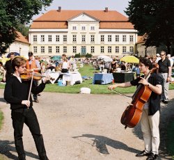 Sommerliches Picknick vor Gut Emkendorf mit "zufällig" im Vordergrund stehenden Musikern