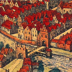 Die Holstenbrücke in Kiel aus dem Städtebuch von Braun und Hogenberg 1588