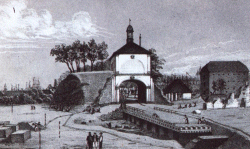 Die Lithographie von E. Schmidt zeigt den Abbruch des Kronwerker Tores in Rendsburg 1853 