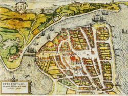 Eckernförde aus dem Städtebauch von Braun und Hogenberg 1588: Nur die Südseite mußte durch Graben, Palisade und Stadttor gesichert werden, den Rest schützte die Natur