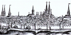 Lübeck mit voll ausgebauter mittlalterlicher Befestigung in Hartmann Schedels Weltchronik von 1493