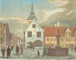 Der Flensburger Schrangen am Nordermarkt von 1599. Auf dem Holzschnitt von I.J.Ley von 1862 ist er weiß gekalkt. Heute ist er wieder als Backsteinbau zu sehen