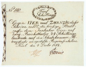 Kieler Notgeld aus dem Dezember 1812. Schon bevor der Staatsbankrott am 5. Januar 1813 amtlich war, lief ohne Ersatzgeld in den Herzogtümern nichts mehr